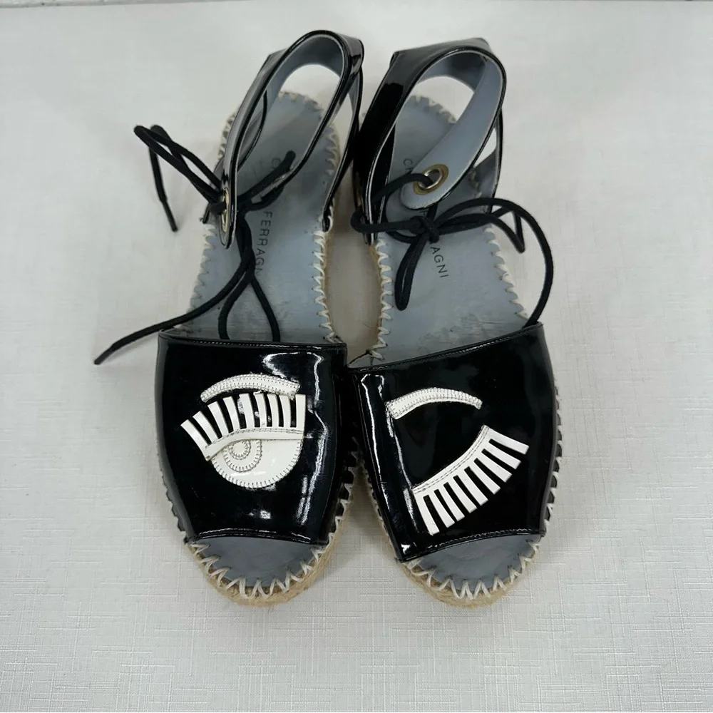 Chiara Ferragni Women's Size 37 Winking Black Patent Leather Platform Espadrille